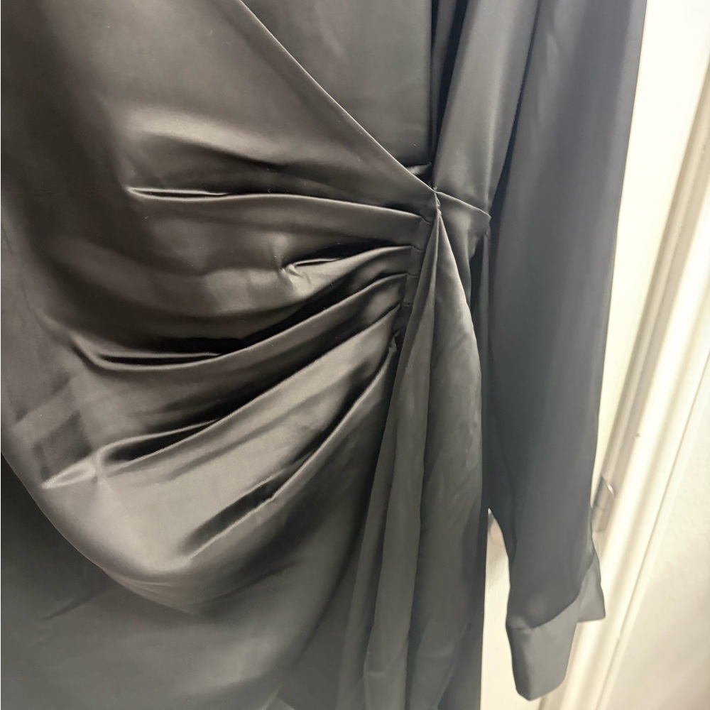 House of Harlow 1960 Black Satin Wrap-Style Mini Dress - Picture 3 of 4